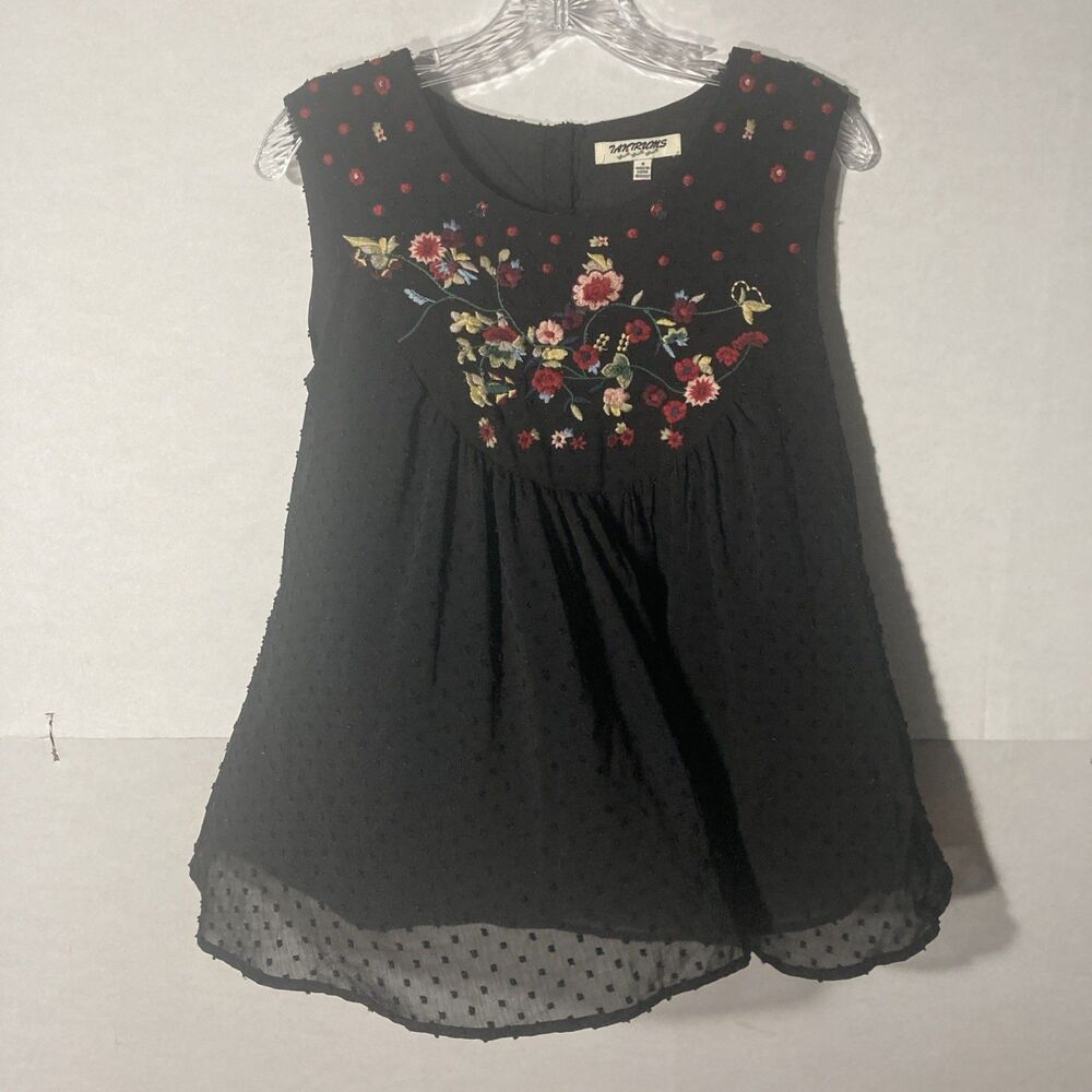 TANTRUMS black multicolor floral embroidery swiss dots semi sheer overlay top S